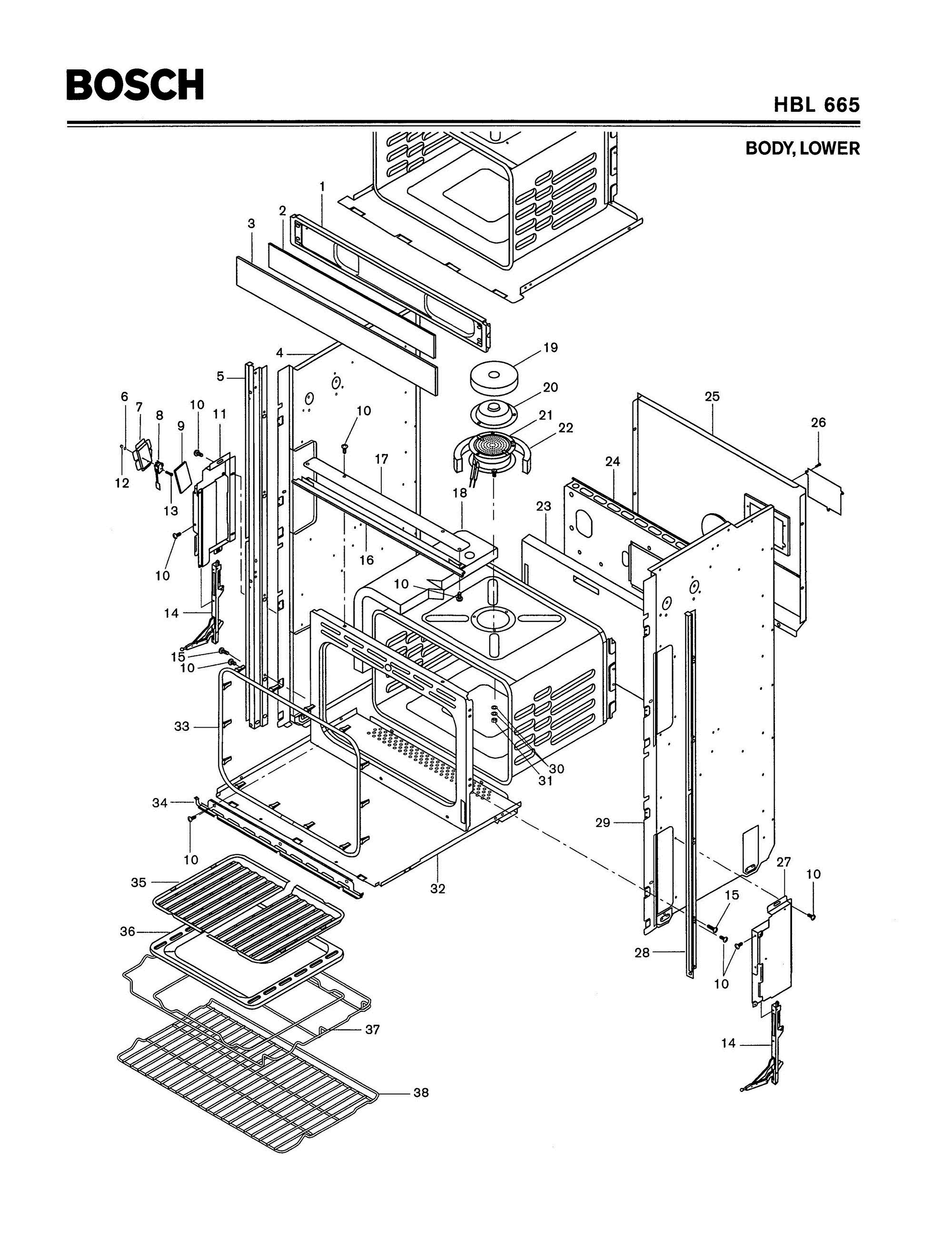 02 - BODY, LOWER Diagram and Parts List for HBL665  Bosch Range