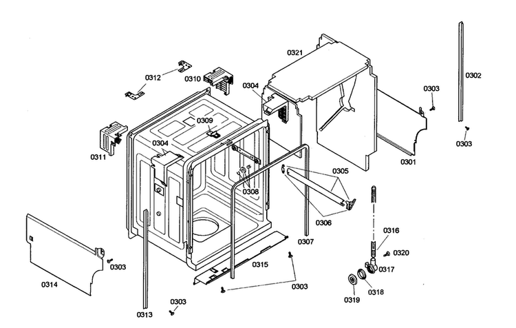 Cabinet Assy Diagram and Parts List for SHE46C02UC 38 Bosch Dishwasher