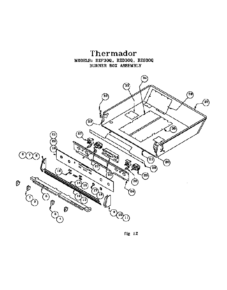 Burner Box Assembly Diagram and Parts List for RDF30RS(PRIOR-9707)  Thermador Range