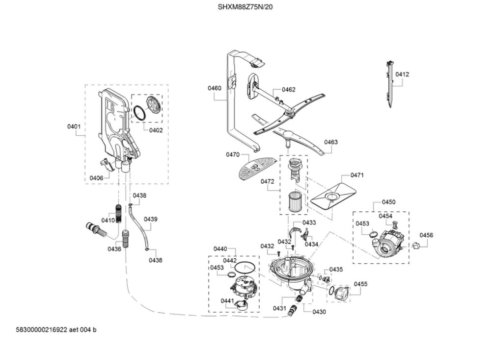 Water Inlet/Heat Pump/Sump Diagram and Parts List for SHXM88Z75N 20 Bosch Dishwasher