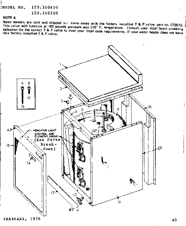 Non-functional Replacement Parts Diagram and Parts List for 153310510  Kenmore Water Heater