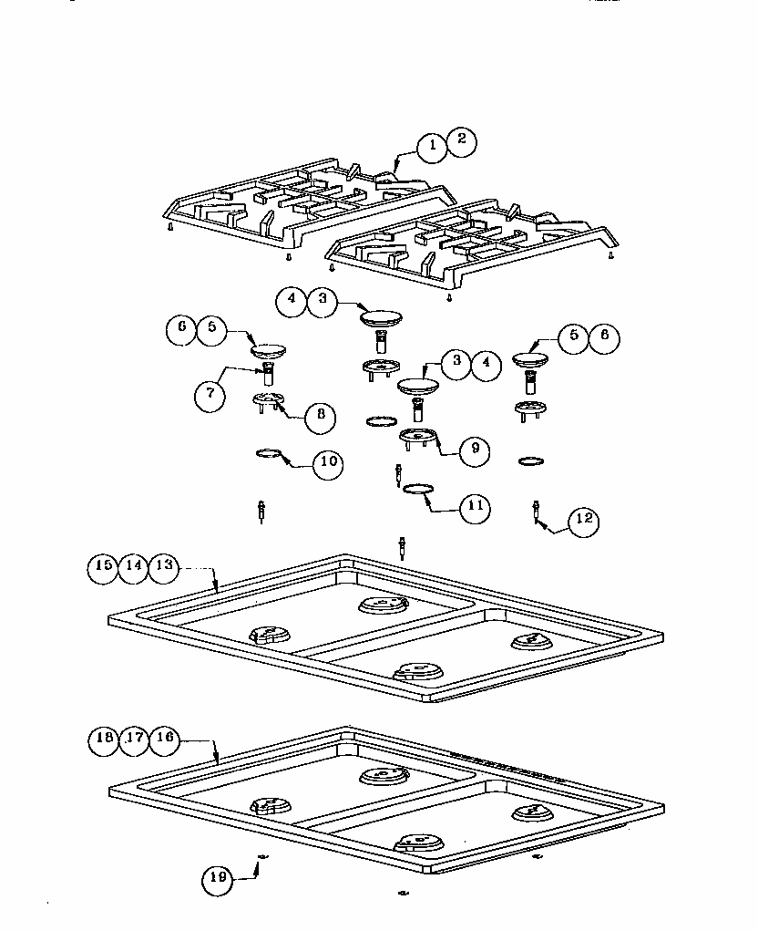 Gas Maintop Component Diagram and Parts List for RDF30  Thermador Range