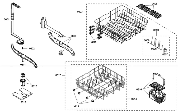 Baskets Diagram and Parts List for SHE33M02UC 47 Bosch Dishwasher