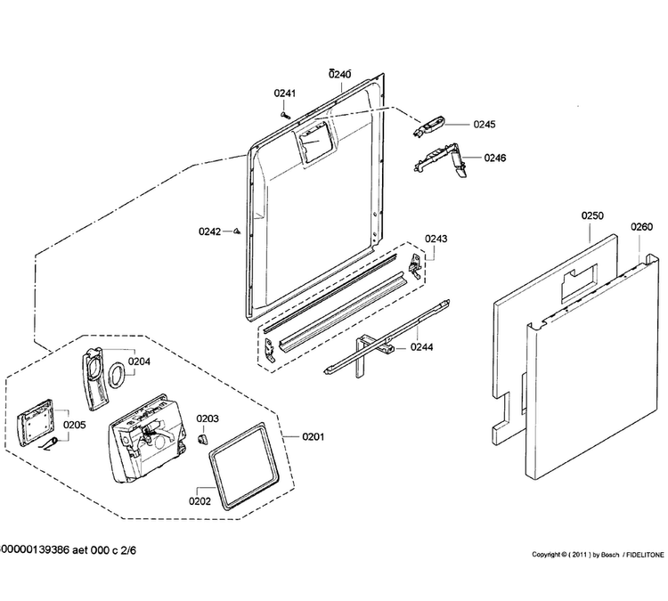 Door Assy Diagram and Parts List for SGE63E05UC 25 Bosch Dishwasher