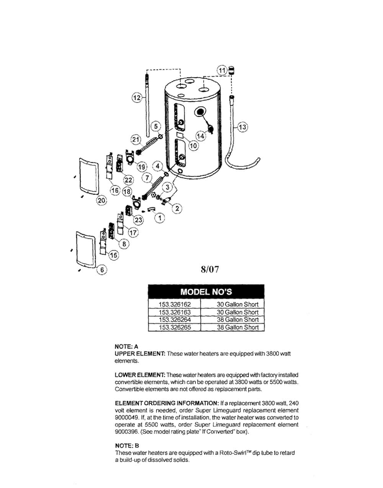 Water Heater Diagram and Parts List for 153326264  Kenmore Water Heater