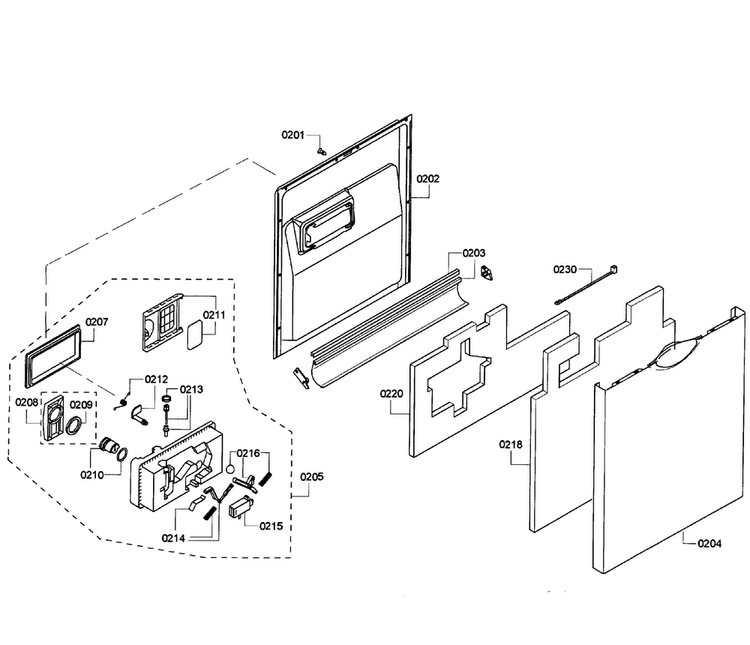 Door Assy Diagram and Parts List for SHE43P06UC 61 Bosch Dishwasher