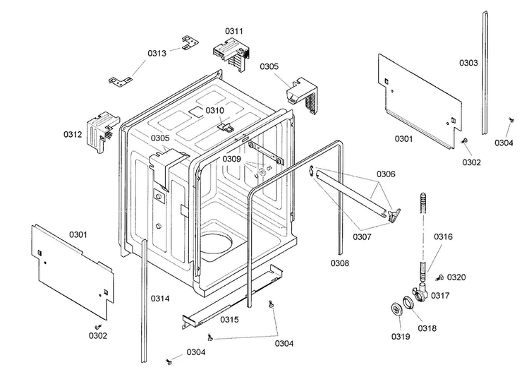Cabinet Diagram and Parts List for SHE42L12UC 36 Bosch Dishwasher