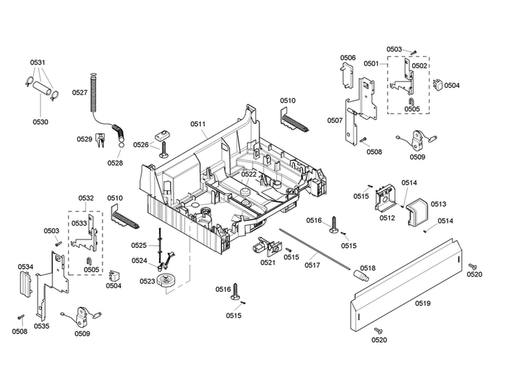Base Assy Diagram and Parts List for SHE46C06UC 40 Bosch Dishwasher