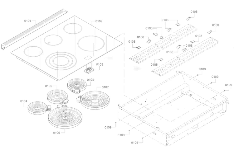 Cooktop Diagram and Parts List for HEI8054U 04 Bosch Range