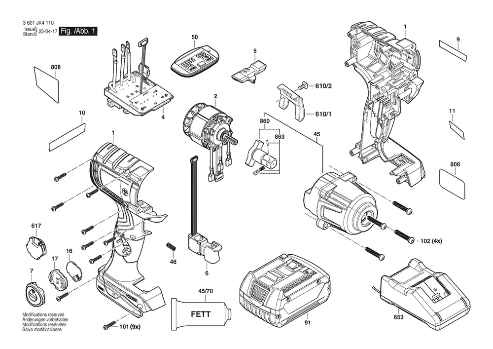 Figure 1 Diagram and Parts List for 3601JK4110 GDS18V-330PCN Bosch Wrench