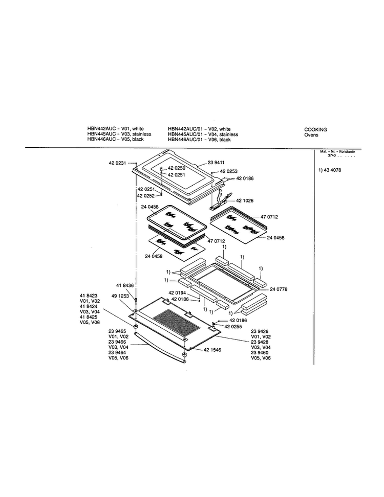 Door Diagram and Parts List for HBN445AUC 01 Bosch Wall Oven