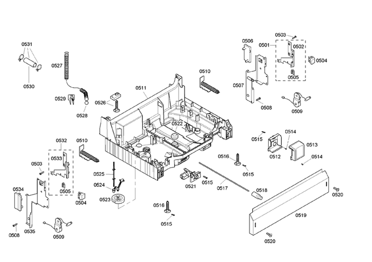 Base Assy Diagram and Parts List for SHE46C05UC 36 Bosch Dishwasher