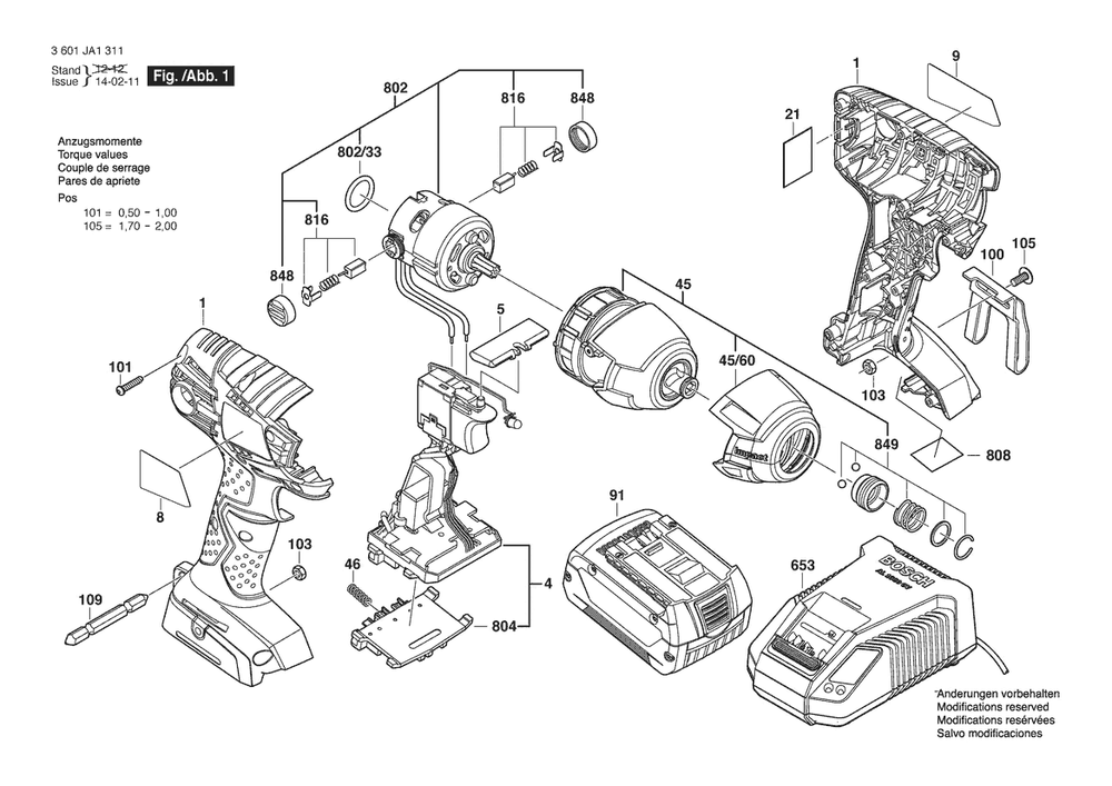 Section 1 Diagram and Parts List for 24614B01 3601JA1311 Bosch Wrench