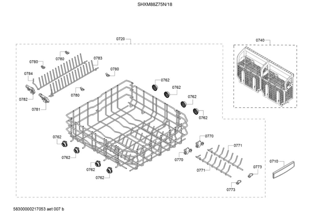 Lower Rack/Cutlery Basket Diagram and Parts List for SHXM88Z75N 18 Bosch Dishwasher