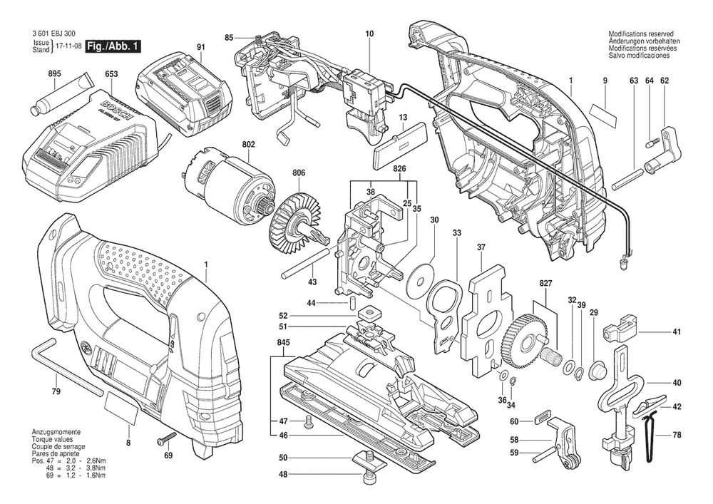 Section 1 Diagram and Parts List for 3601E8J3D0  Bosch Jig Saw