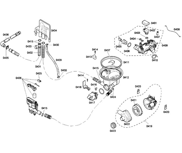 Pump Assy Diagram and Parts List for DWHD410HPR 60 Thermador Dishwasher