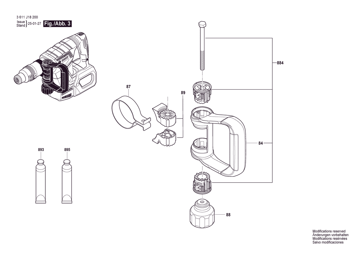 Figure 8 Diagram and Parts List for 3611J182E0 GSH 18V-5 Bare Bosch Demolition Hammer