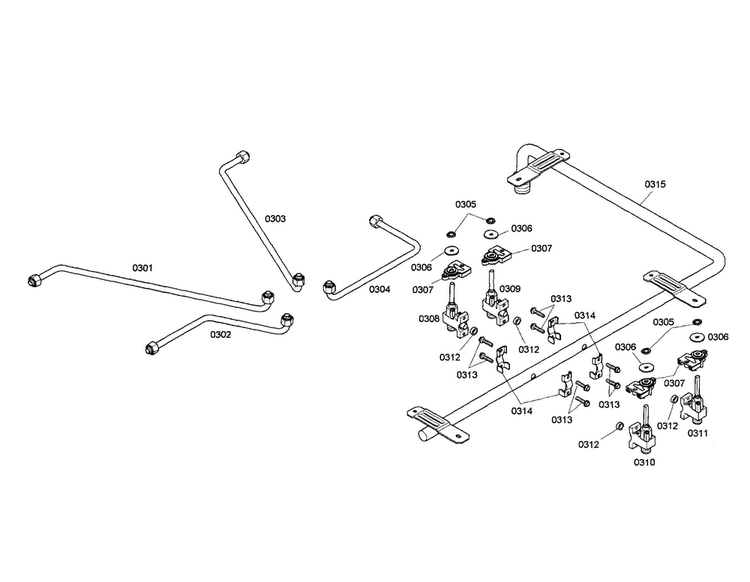 Valves/manifold Diagram and Parts List for SGS304FS 02 Thermador Cooktop