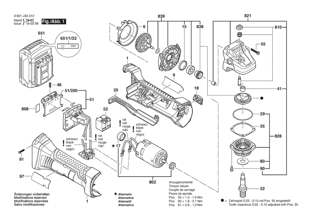 Section 1 Diagram and Parts List for GWS18-50V-LI 3601J3A312 Bosch Angle Grinder