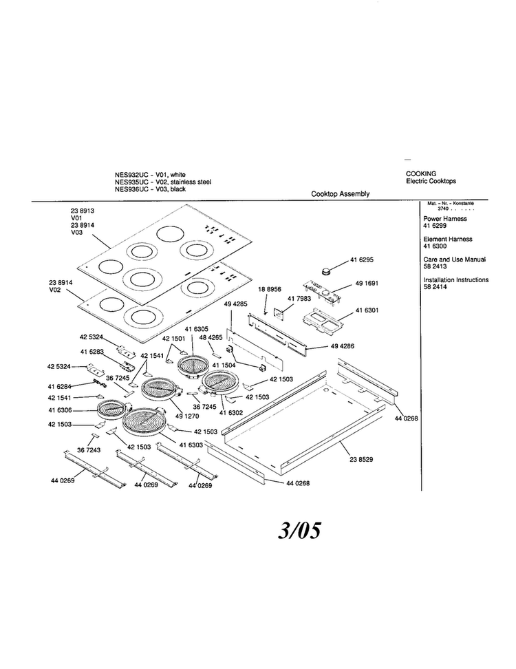 Electric, Cooktop Diagram and Parts List for NES935UC 01 Bosch Cooktop
