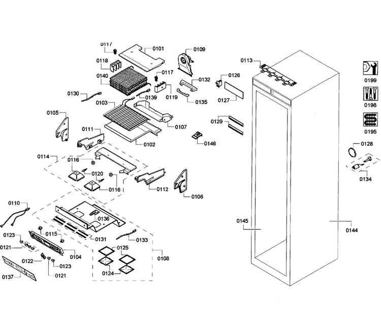 Cabinet Parts Diagram and Parts List for T24IF70NSP 45 Thermador Freezer
