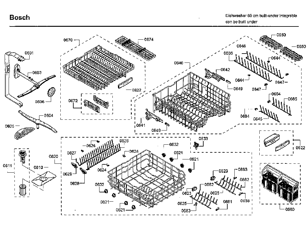Baskets Diagram and Parts List for SHP88PW55N 01 Bosch Dishwasher