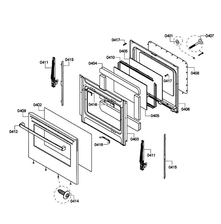 Door Assy Diagram and Parts List for HES5053U 05 Bosch Range