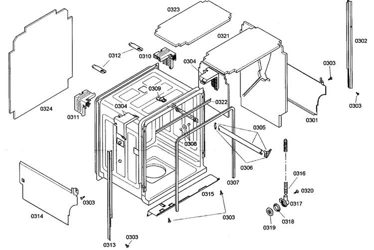 Cabinet Parts Diagram and Parts List for SHE66C06UC 46 Bosch Dishwasher