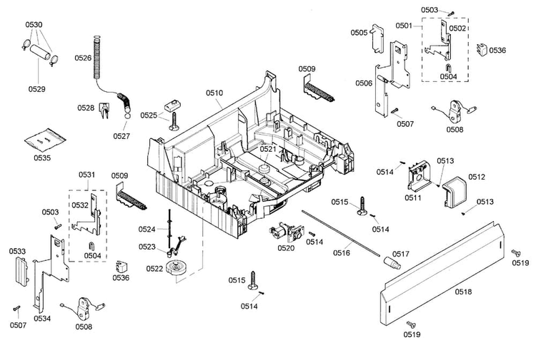 Base Assy Diagram and Parts List for SHE43M05UC 43 Bosch Dishwasher