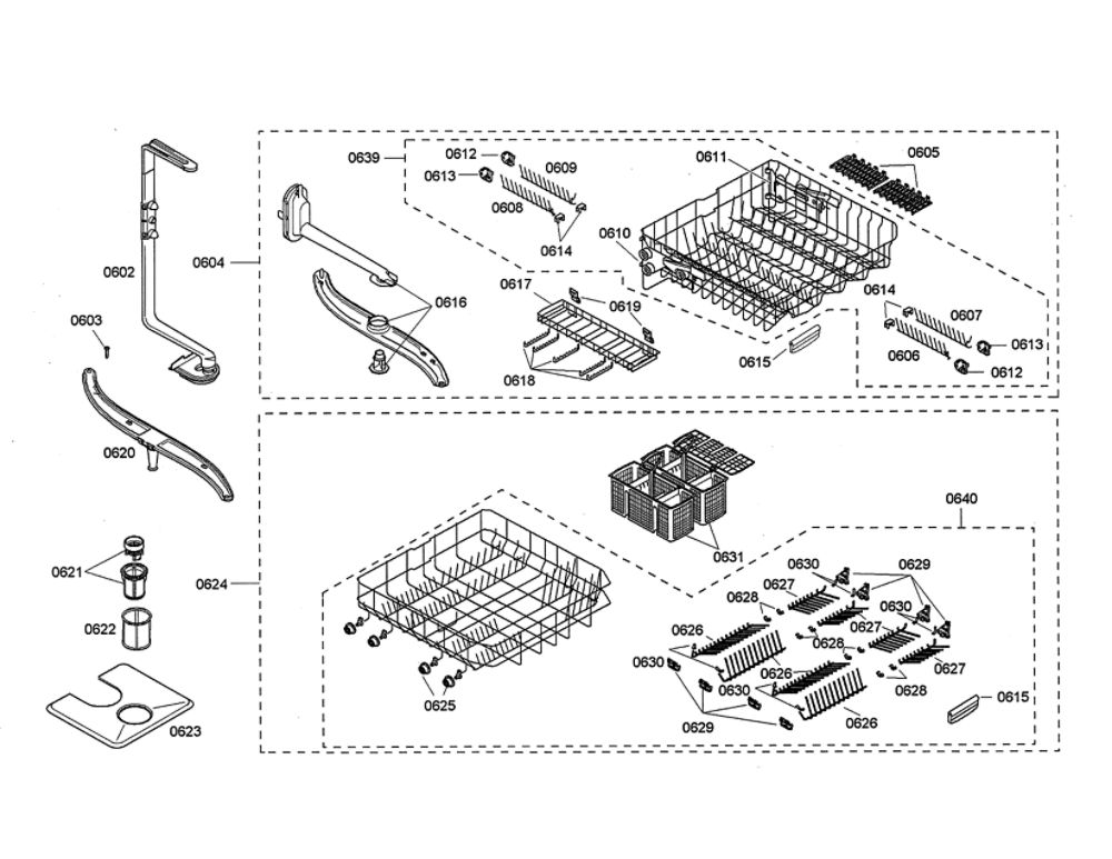 Spray Arm/Dish Racks Diagram and Parts List for SHE68M05UC 46 Bosch Dishwasher