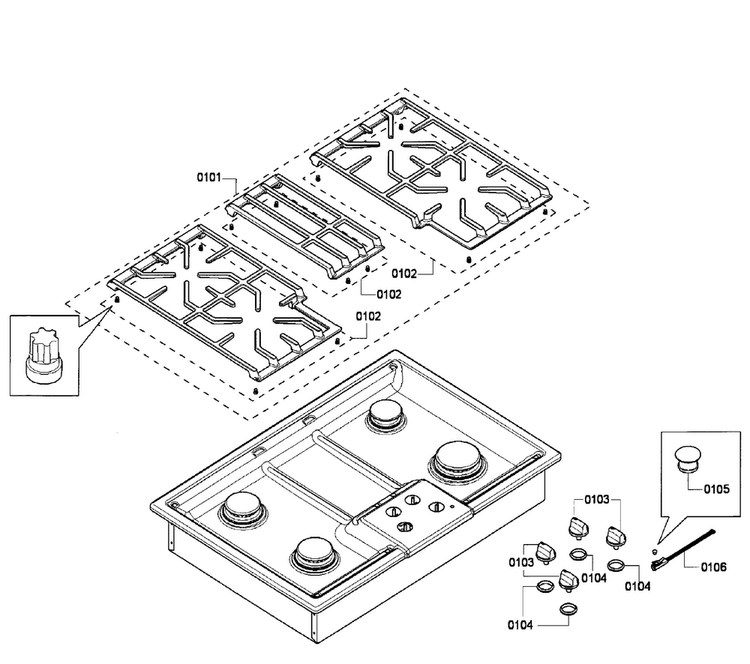 Grates Diagram and Parts List for NGM5024UC 03 Bosch Cooktop