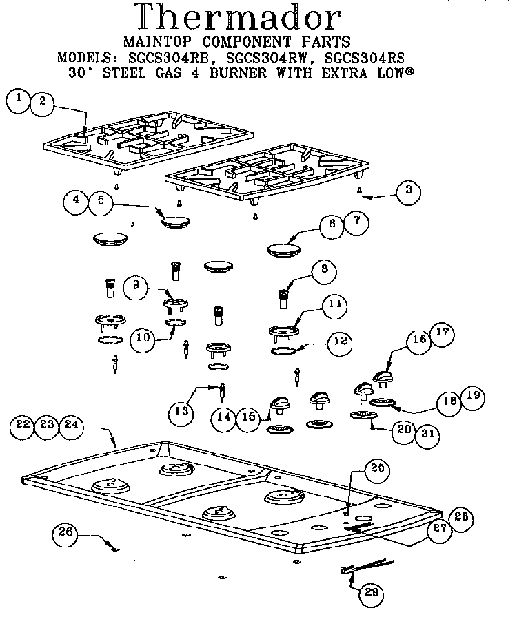 Maintop Component Parts Diagram and Parts List for SGCS304RS  Thermador Cooktop