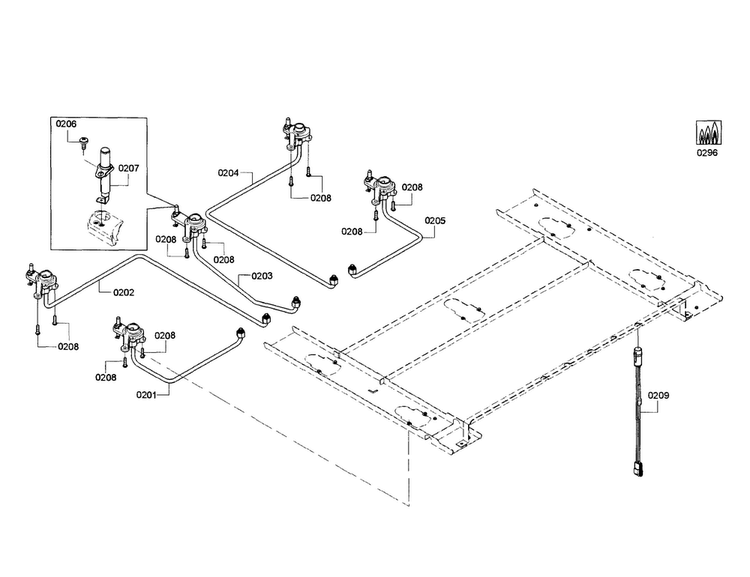Gas Pipe Assy Diagram and Parts List for NGM8665UC 01 Bosch Cooktop