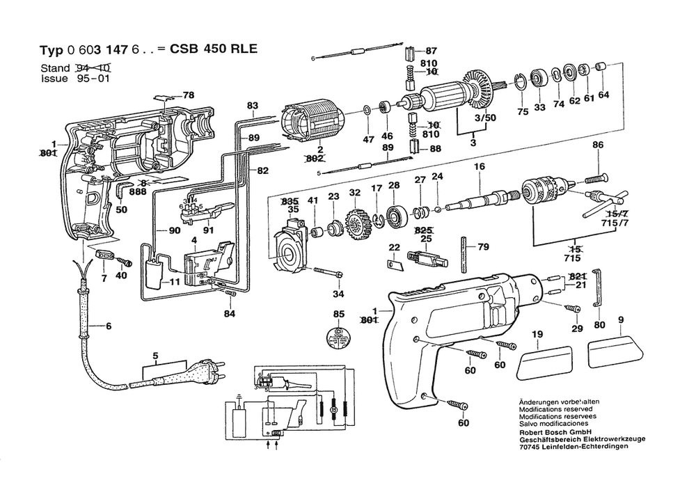 Section 1 Diagram and Parts List for CSB470-RLE 0603147603 Bosch Hammer Drill