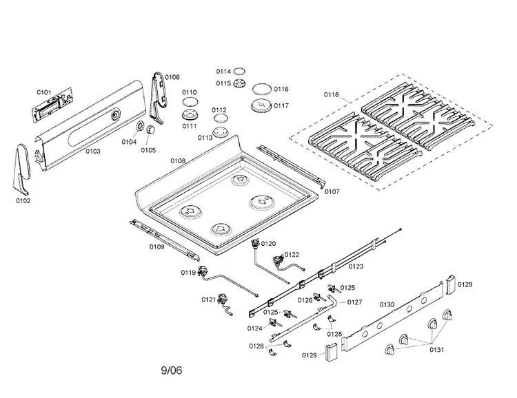 Cooktop Diagram and Parts List for HGS5022UC 01 Bosch Range