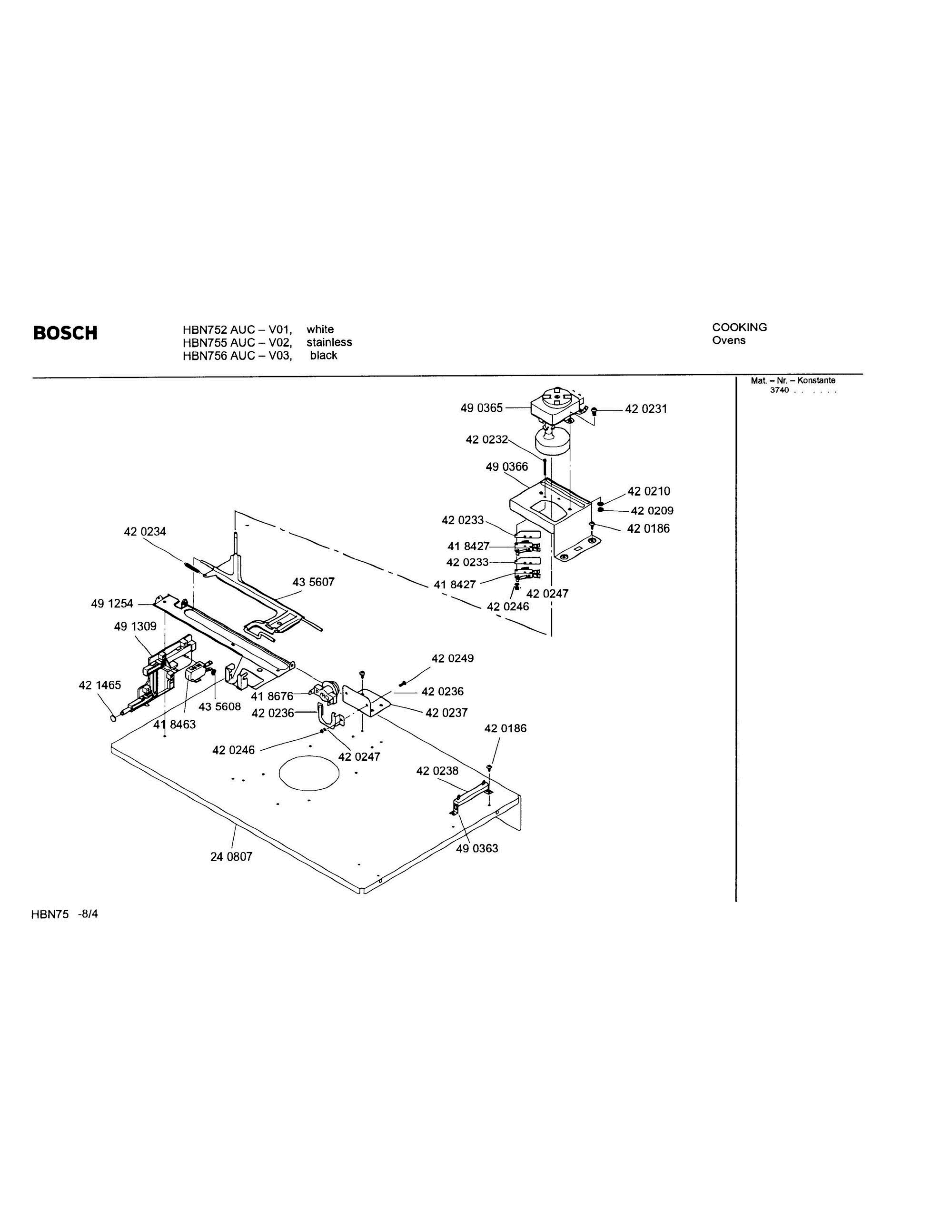 04 - MID PLENUM Diagram and Parts List for HBN752AUC(FD8207-)  Bosch Wall Oven