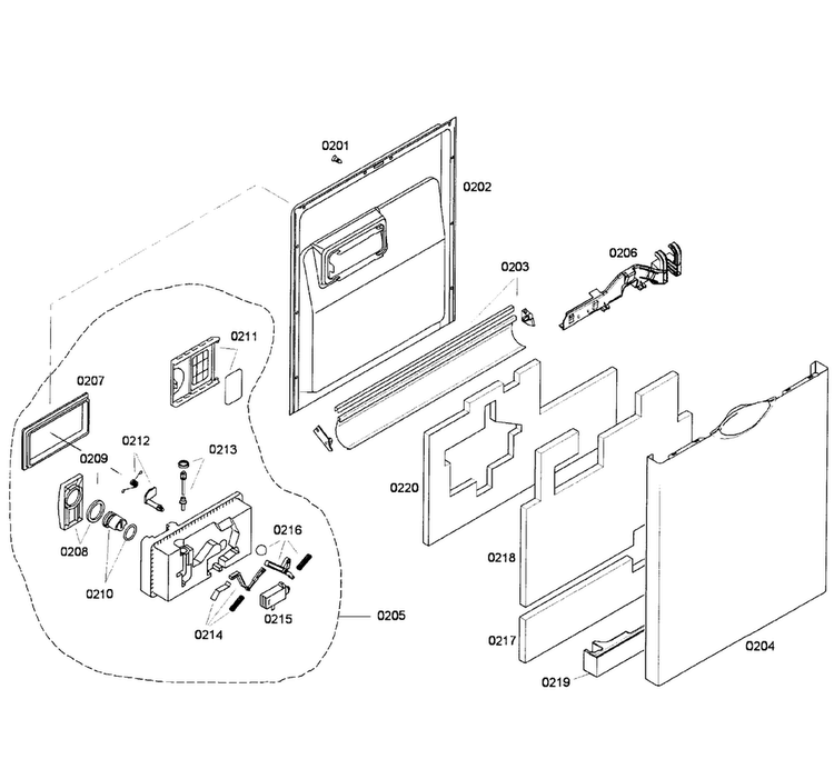 Door Assy Diagram and Parts List for SHE58C02UC 52 Bosch Dishwasher