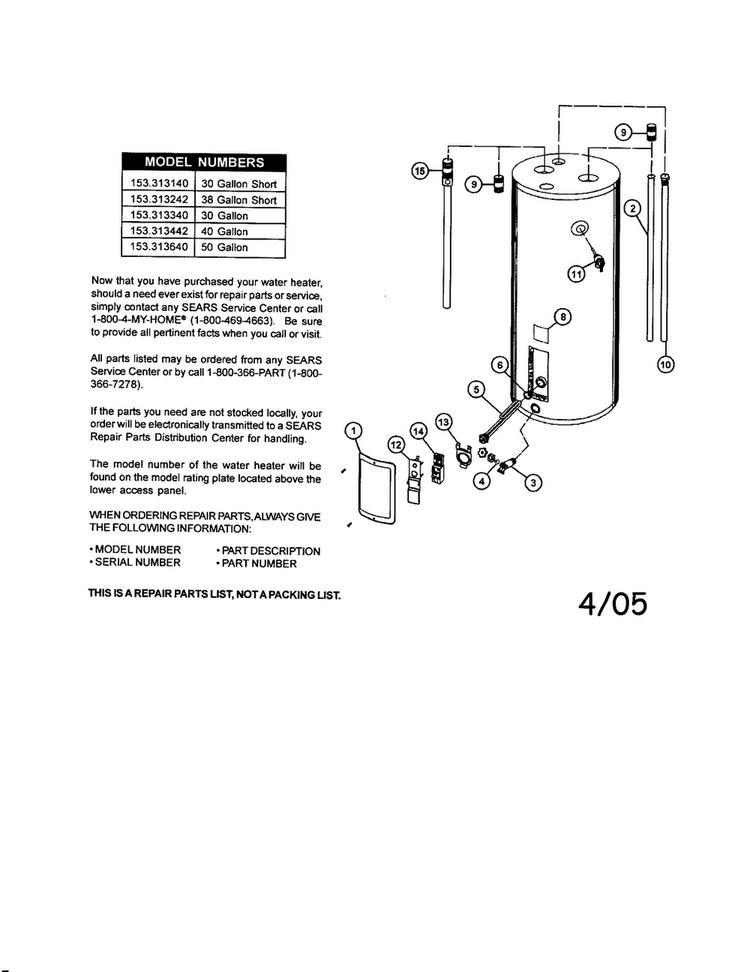 Electric Water Heater Diagram and Parts List for 153313242  Kenmore Water Heater