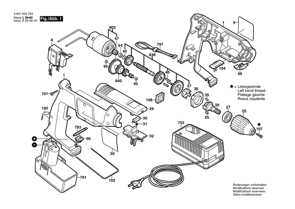 Section 1 Diagram and Parts List for 0601933754  Bosch Drill