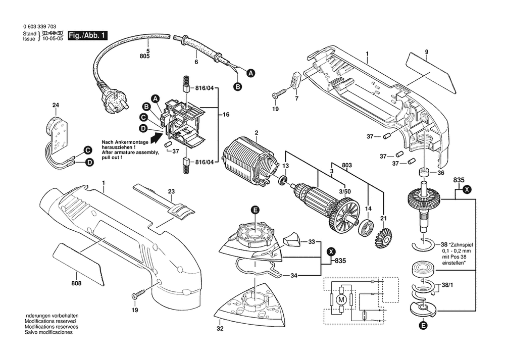 Section 1 Diagram and Parts List for PDA180E 0603339740 Bosch Sander Grinder