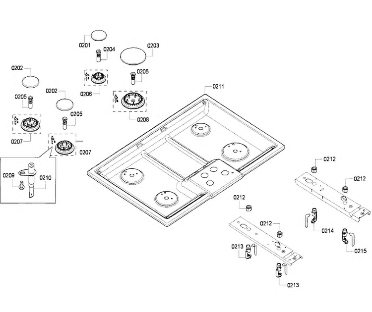 Burners Diagram and Parts List for NGM5054UC 03 Bosch Cooktop