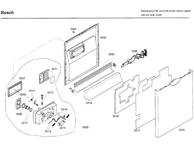 Door Diagram and Parts List for SHE99C05UC 19 Bosch Dishwasher