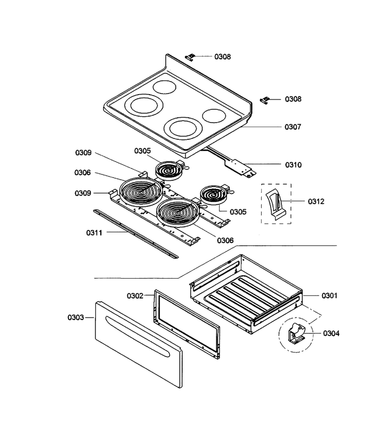 Drawer/top Assy Diagram and Parts List for HES3023U 03 Bosch Range
