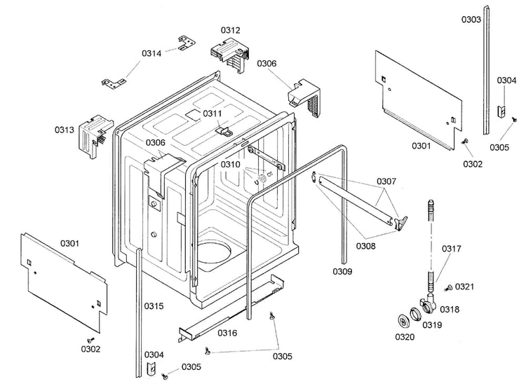 Cabinet Diagram and Parts List for SHE44C02UC 17 Bosch Dishwasher