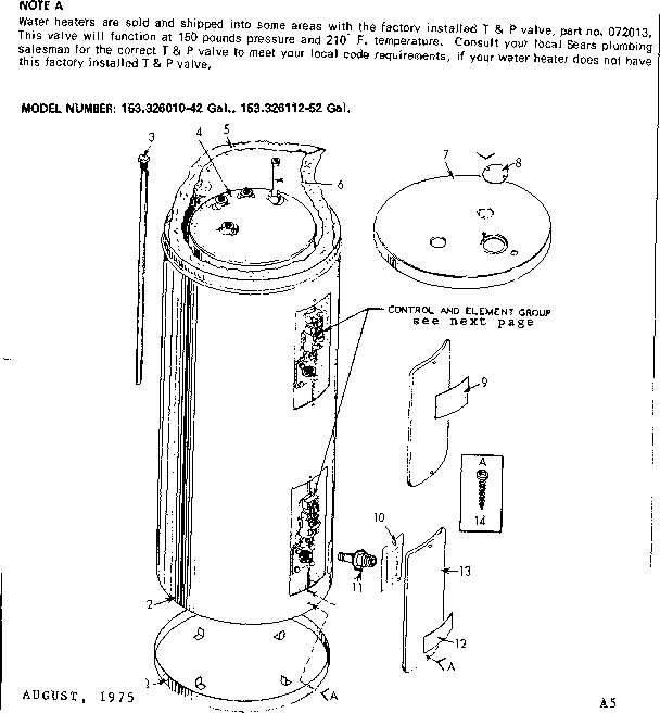 Non-functional Replacement Parts Diagram and Parts List for 153326010  Kenmore Water Heater