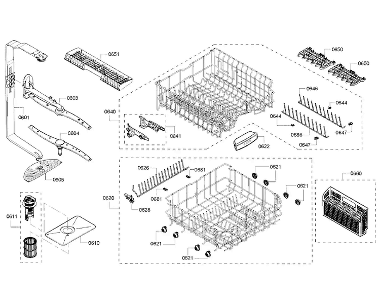 Baskets Diagram and Parts List for SHX5AV55UC 22 Bosch Dishwasher