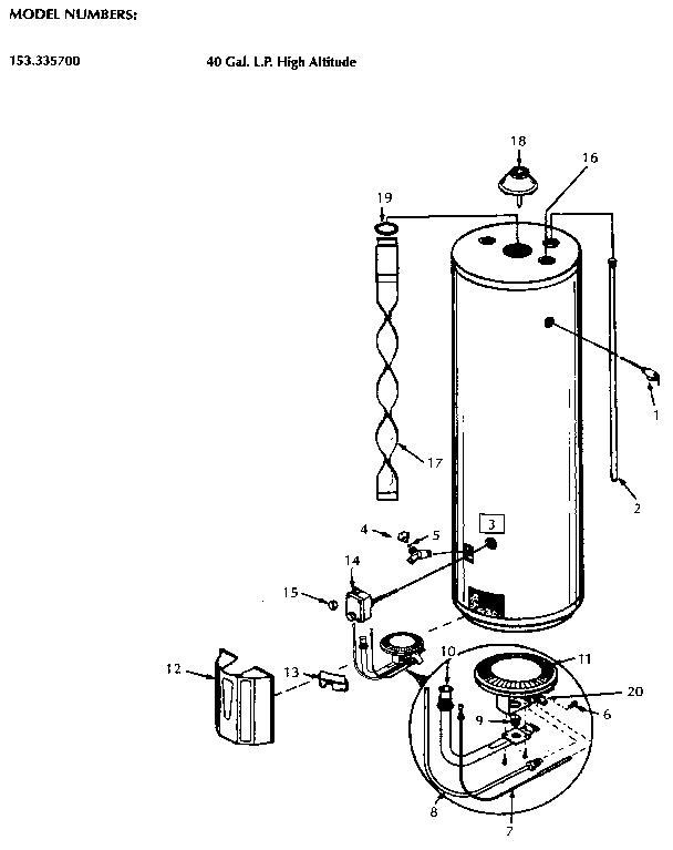 Replacement Parts Diagram and Parts List for 153335700  Kenmore Water Heater