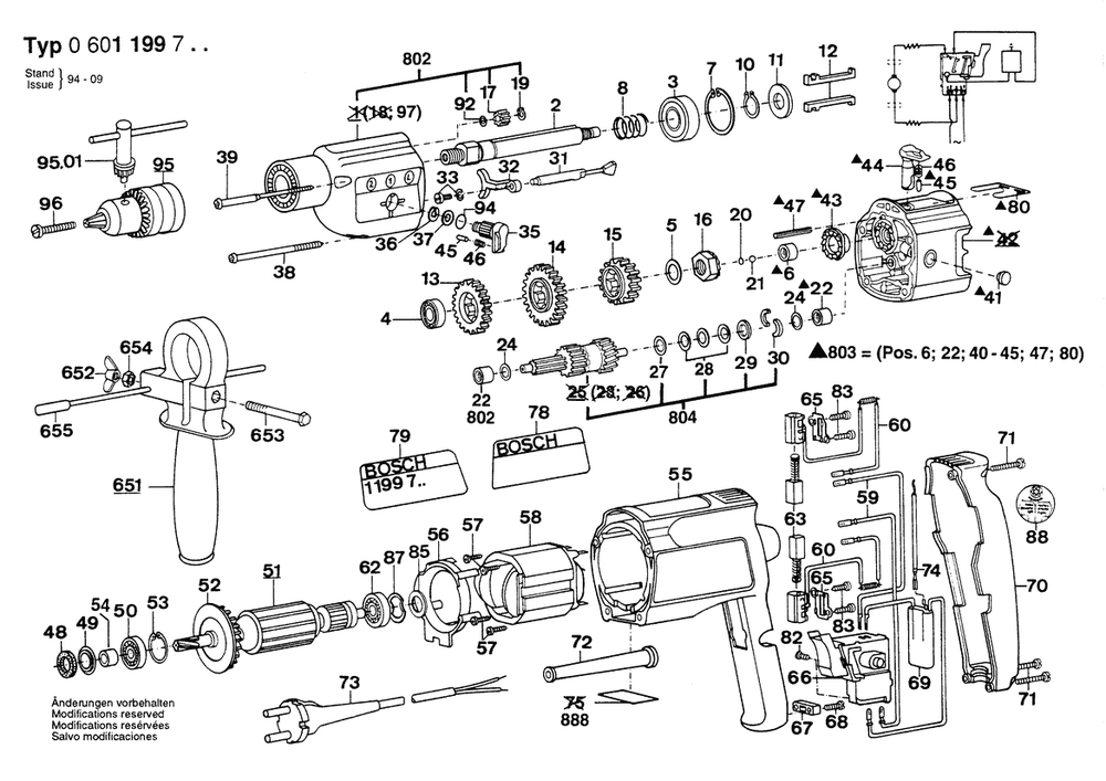 Section 1 Diagram and Parts List for GSB20-2REM 0601199732 Bosch Hammer Drill