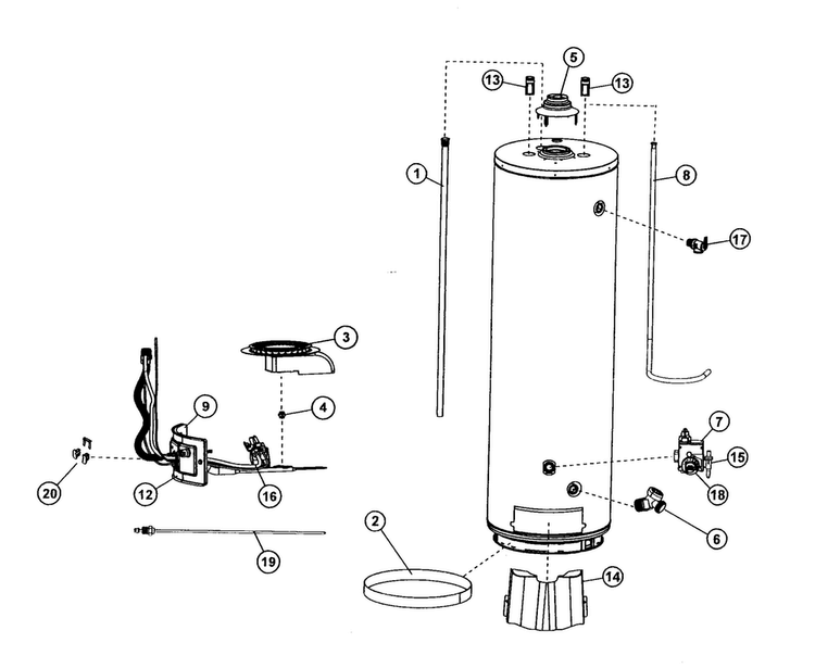 Water Heater Diagram and Parts List for 153339530  Kenmore Water Heater