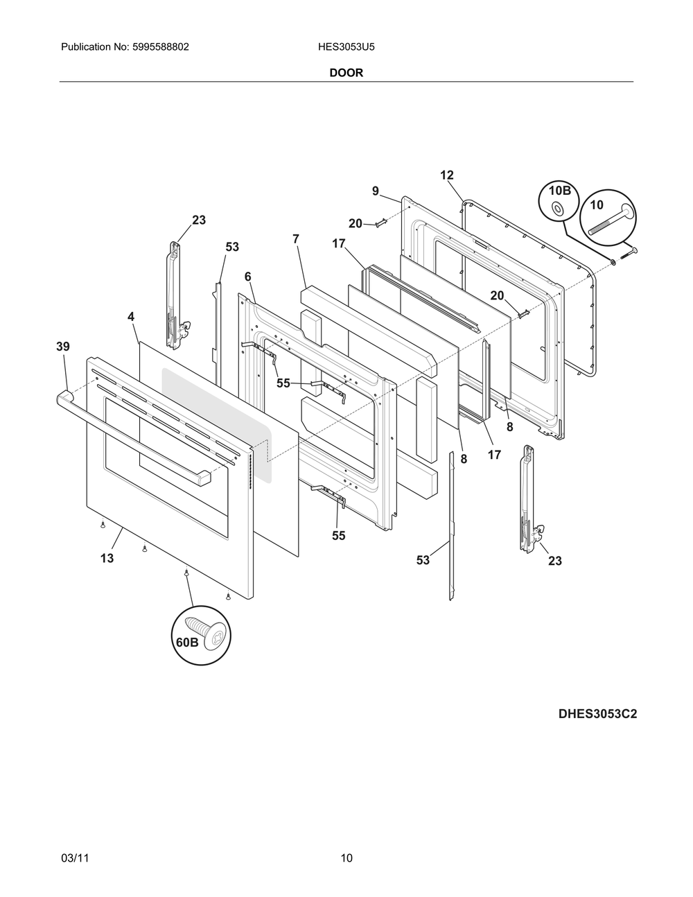 Door Diagram and Parts List for HES3053U5  Bosch Range